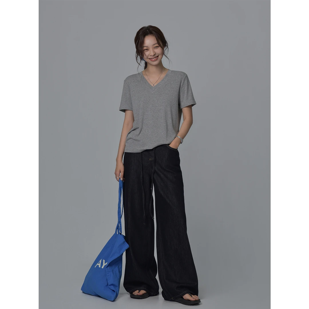 SIXI四喜家 长期主义 超爱穿的舒适V领短袖T恤女夏随性垂感上衣