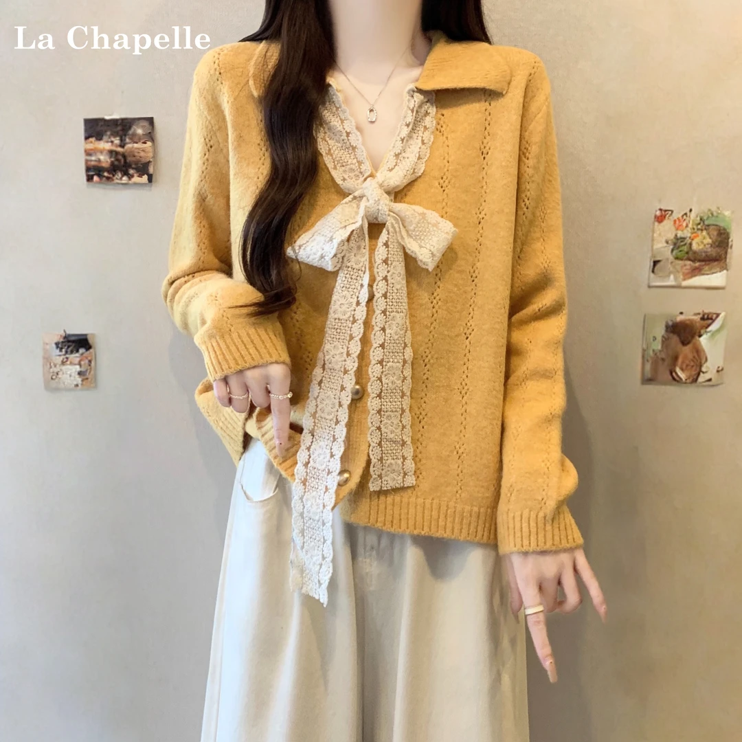 拉夏贝尔胖MM大码系带蝴蝶结翻领洋气减龄针织毛衣开衫女2025秋季