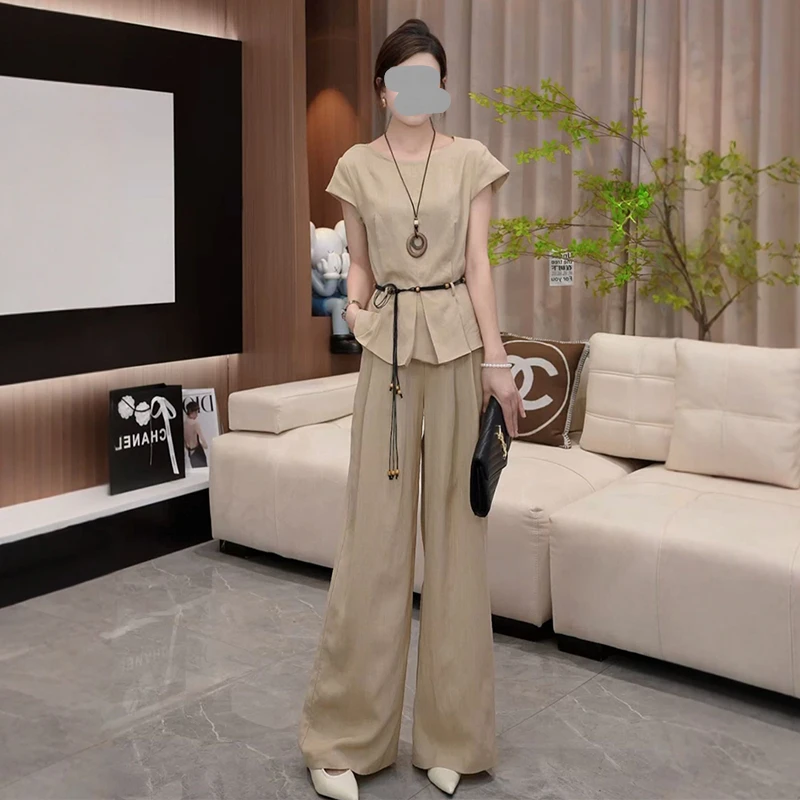 韩系简约休闲套装女夏季新款慵懒松弛感收腰短袖衬衫阔腿裤两件套