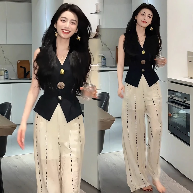 时尚套装女2025夏季新款洋气显瘦V领短袖上衣阔腿裤气质两件套潮