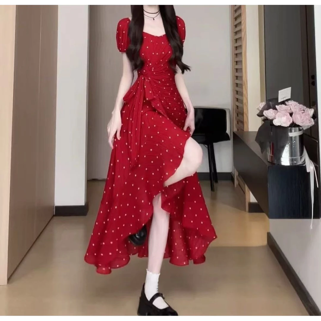 富贵家 法式甜美长裙夏季收腰显瘦红色波点不规则裙摆连衣裙1908
