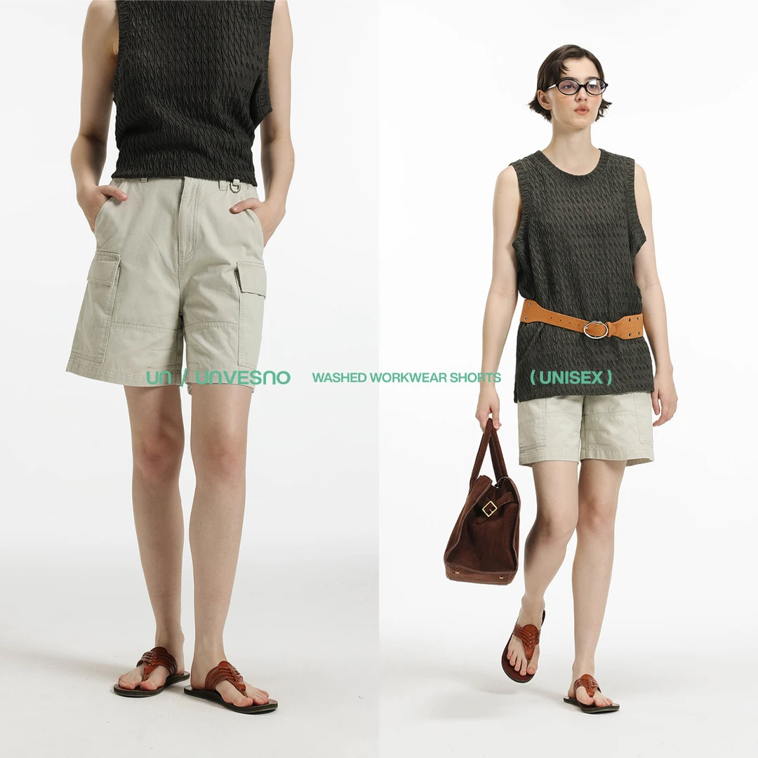 Unvesno(UN)vintage barnfit巴恩风复古透气做旧翻盖口袋工装短裤