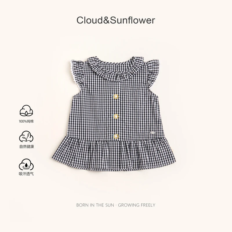【云朵小葵】女童夏季新款黒白格子太阳花纽扣洋气飞袖娃娃衫991351