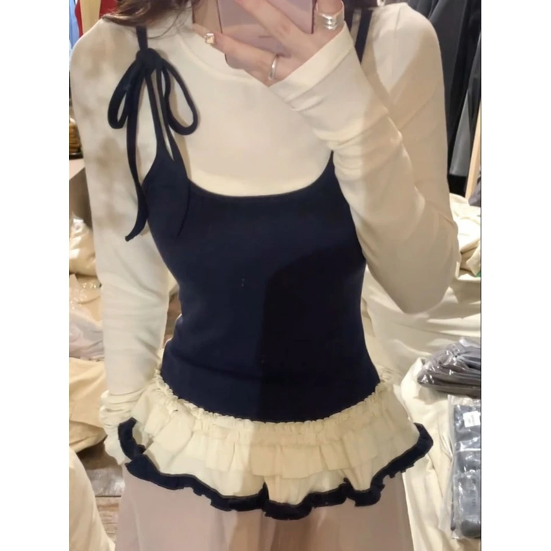 韩系小香风假两件长袖打底衫女秋季设计感小众甜辣风修身内搭上衣