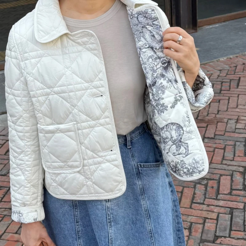 有货KOREA重工复古花纹里翻领气质菱格小香风夹棉外套~正反可穿