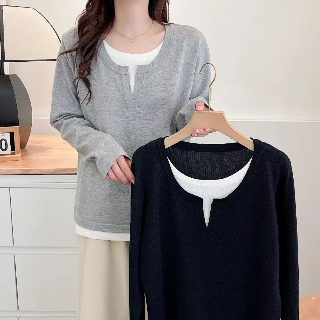 2025春季新款大码女装时尚洋气遮肉显瘦假两件长袖针织衫打底上衣