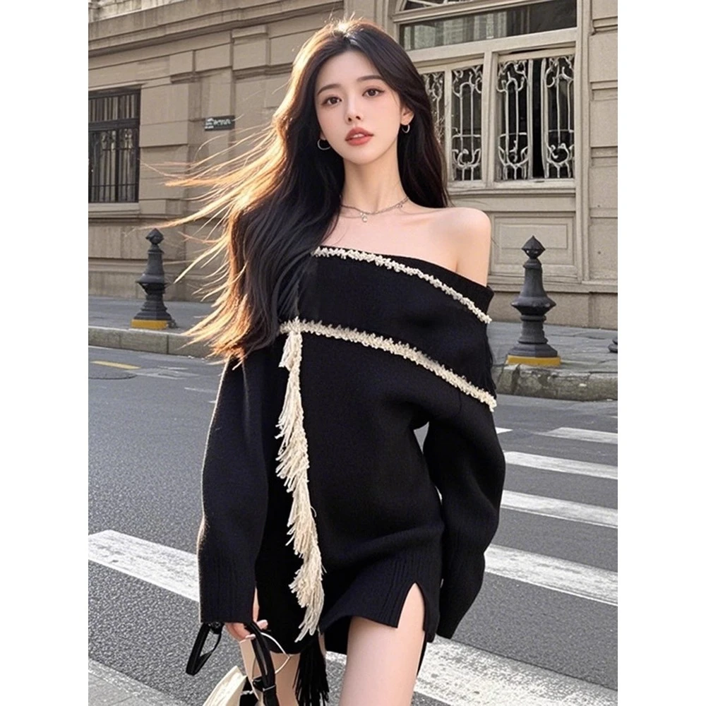 【B Y】一字肩针织衫连衣裙女秋冬法式气质小众宽松显瘦气质短裙