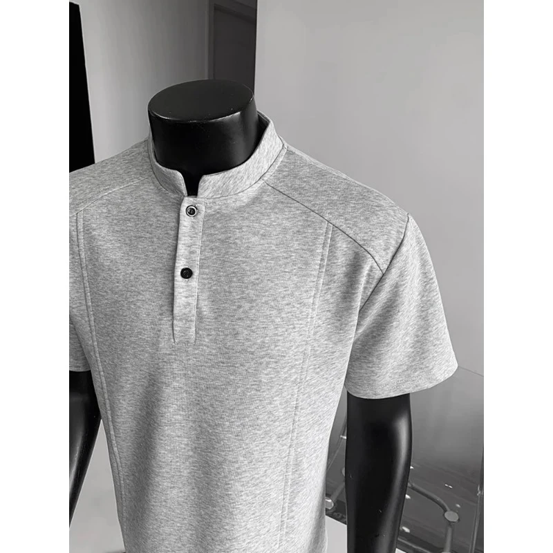 浅灰色美式亨利领短袖polo衫男夏季解构拼接正肩t恤cleanfit半袖