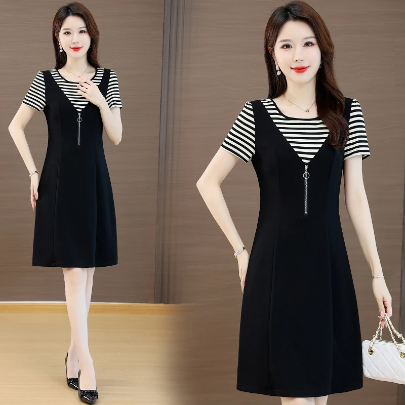 2025夏季新款假两件短袖时尚连衣裙女洋气减龄遮肚子显瘦A字裙子