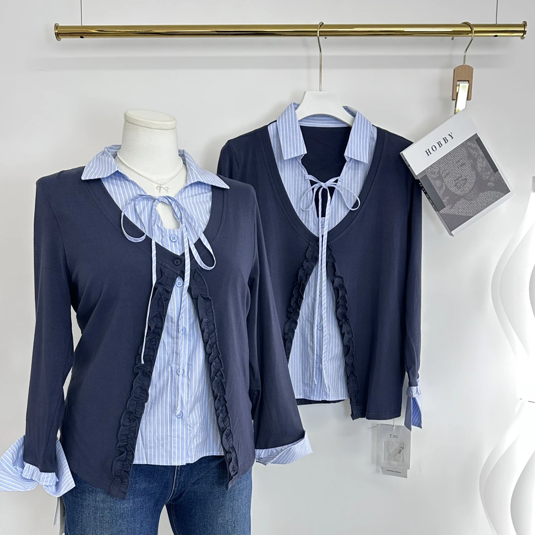 大码polo领条纹拼接开衫女秋季新款显瘦遮肚子上衣假两件