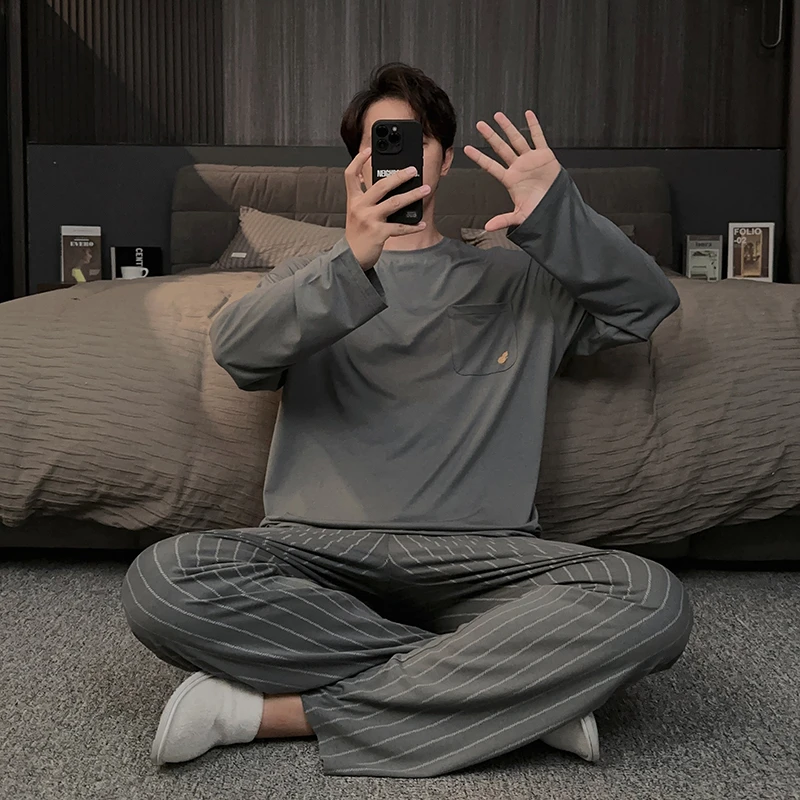 秋季男士睡衣长袖简约风莫代尔套装春秋款长袖长裤休闲家居服大码