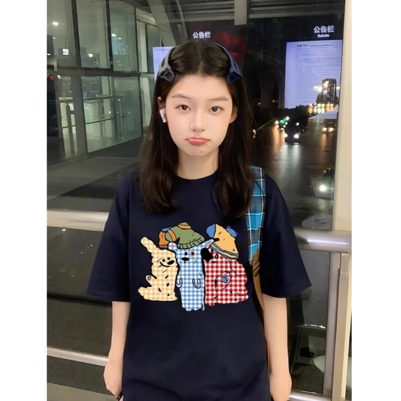 藏蓝色夏日正肩短袖t恤女设计感小众新款爆款纯棉宽松百搭上衣ins