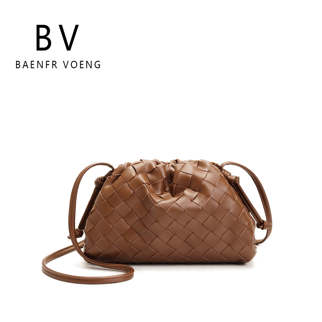 BAENFR VOENG BV正品新款棕色牛皮编织云朵包单肩斜挎女包手拿包