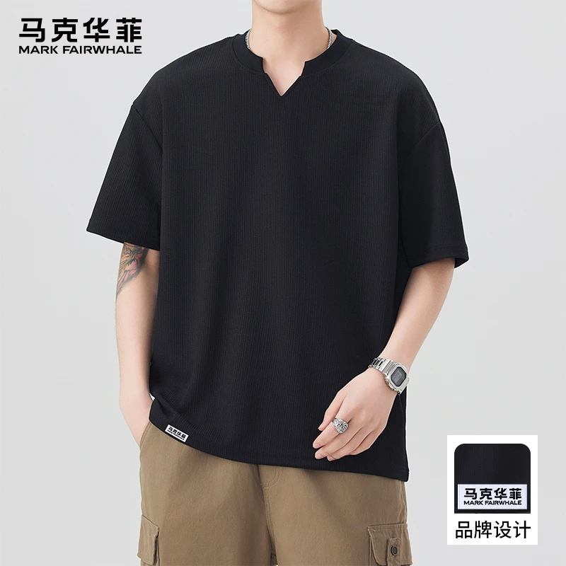马克华菲黑色V领薄款短袖T恤男2025夏季新款宽松百搭休闲半袖体恤