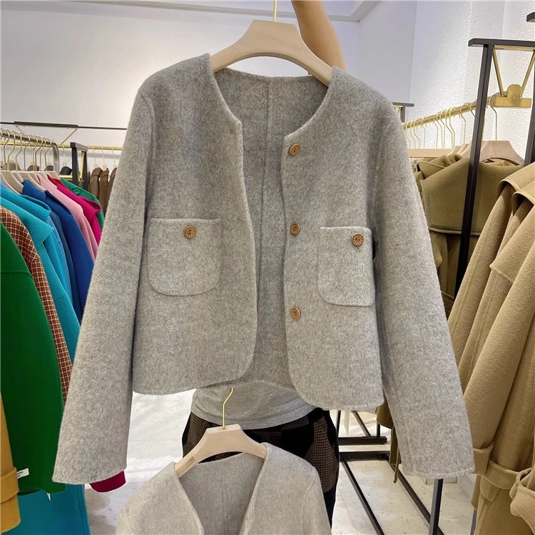 6061~基础简约风格~大衣女小个子高端短款长袖外套加厚圆领韩版