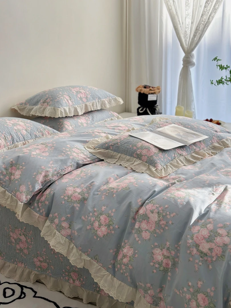 全棉法式棉花砂洗床盖款四件套床盖三件套加同款被套夹棉绗缝