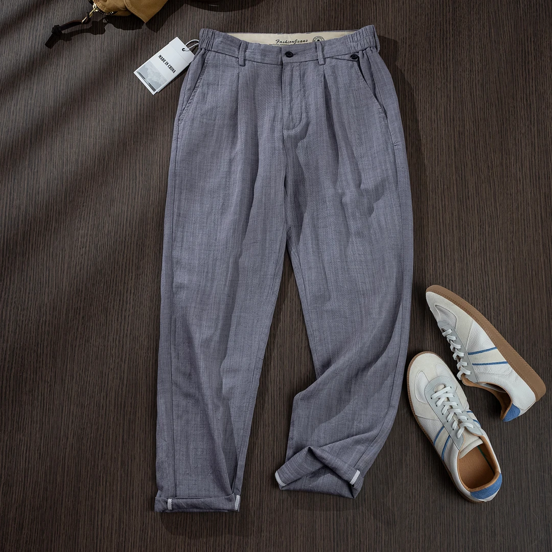 麻尚生活色织天丝麻料春夏季个性高级感青年锥型亚麻男士九分裤