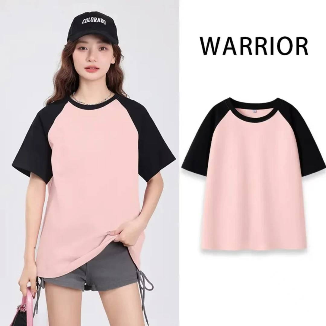 2025夏季新款显瘦拼色短袖棉T恤女插肩袖圆领百搭上衣打底衫