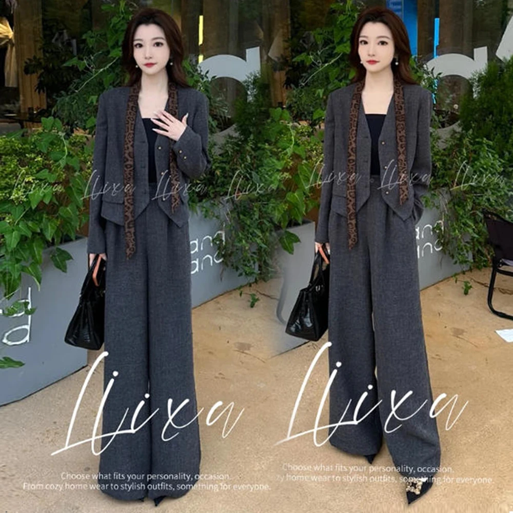 时尚套装女2025秋季新款洋气显瘦百搭小香风纯色外套阔腿裤三件套