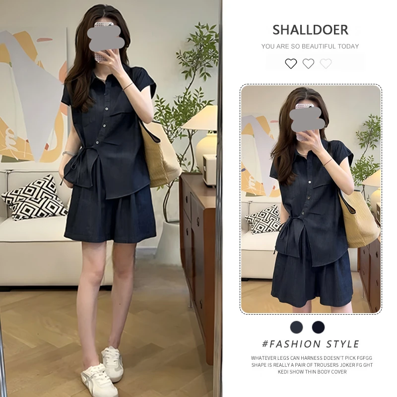 休闲风不规则牛仔短袖衬衫短裤套装女士2025年夏季爆款洋气两件套