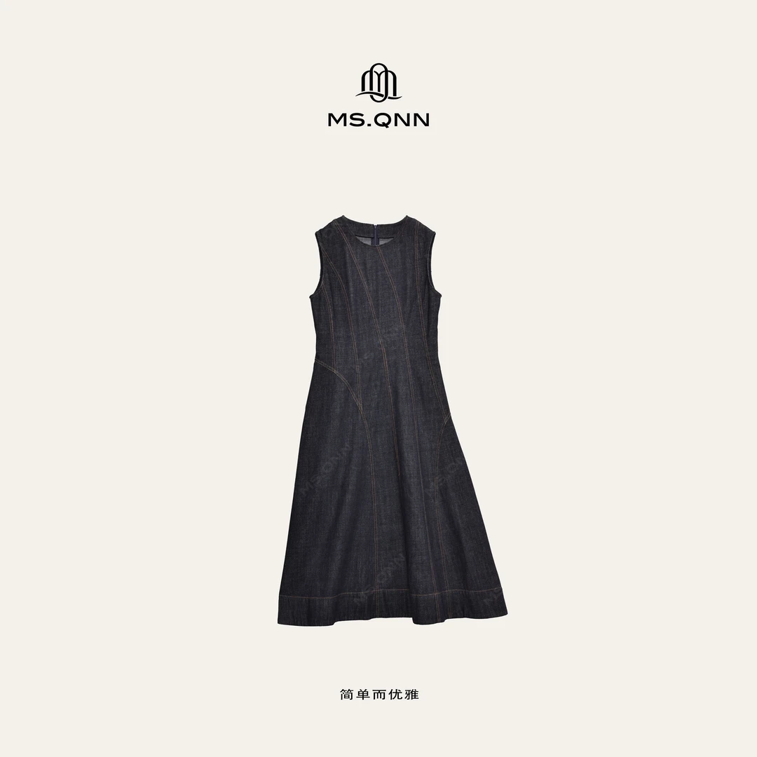 Ms.Qnn“海港漫步”法式复古休闲收腰显瘦优雅牛仔连衣裙39D209 Q姐