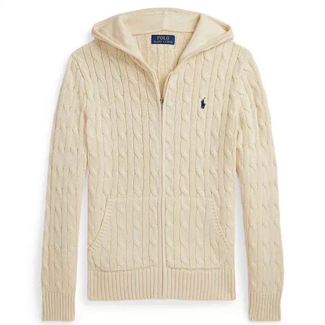 Ralph Lauren/拉夫劳伦 专柜款 男大童拉链连帽麻花毛衣米白色