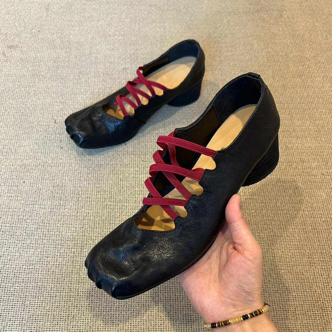 羊皮版~复古小众交叉绑带单鞋褶皱真皮方头猪鼻子浅口芭蕾舞鞋女