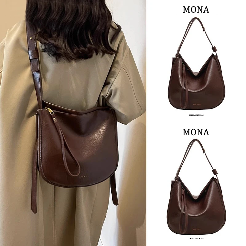 Mona高级感小众宽肩带斜挎托特包包女士2025大容量上班通勤水桶包