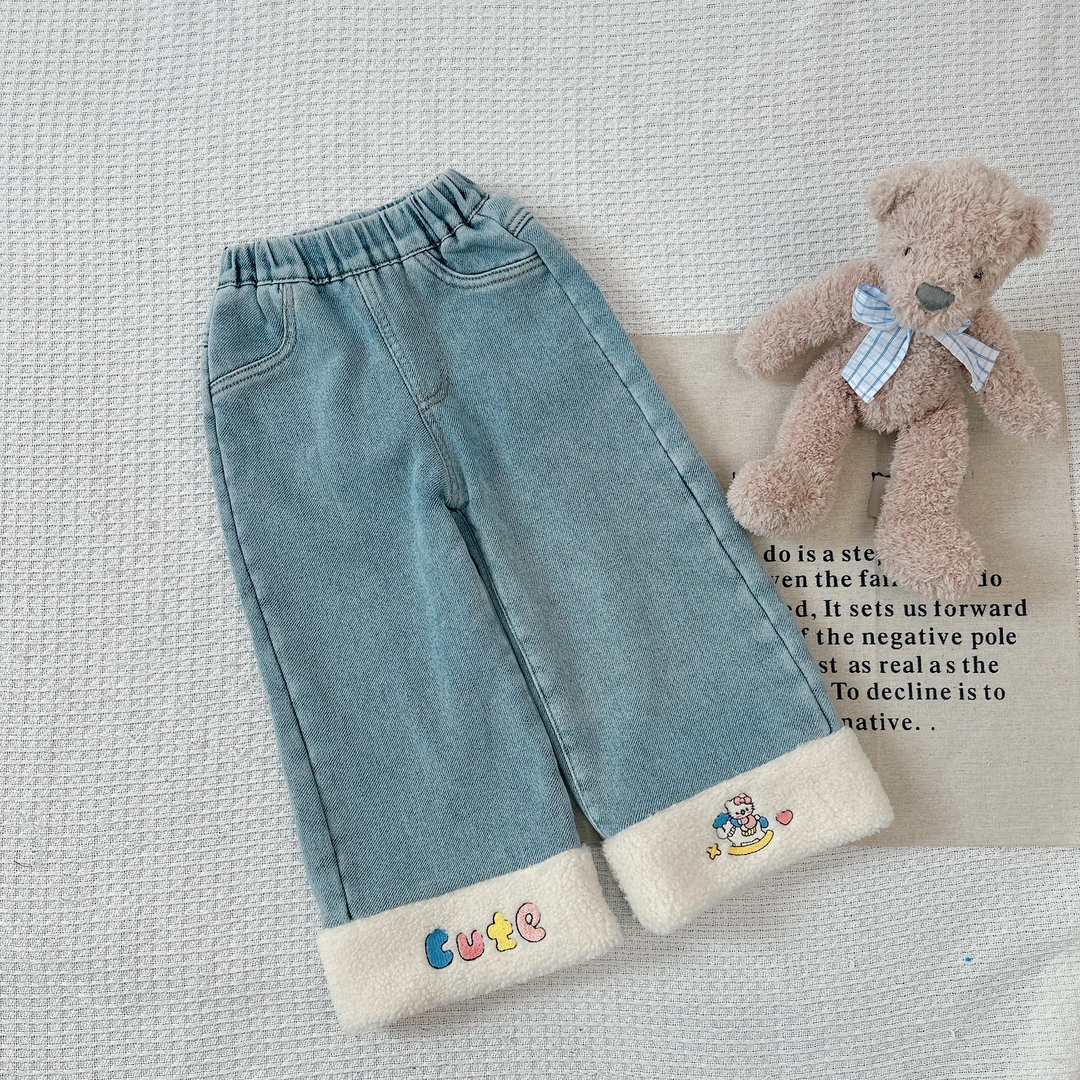 she is rainbow秋季加绒女童女牛仔裤高腰时尚蓝色长裤童装K1