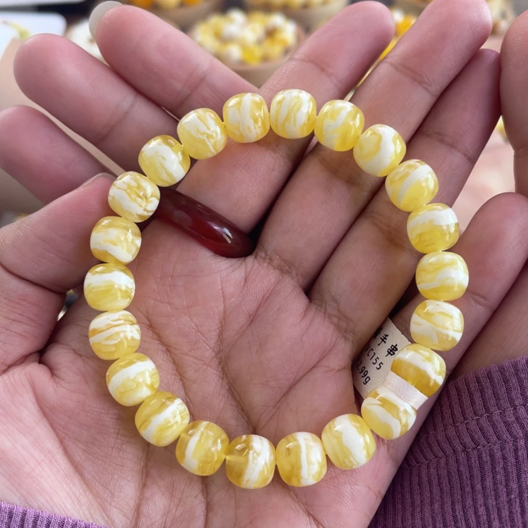 琥珀未镶嵌手链俄料金瓷白一线天虎皮纹同料VC155