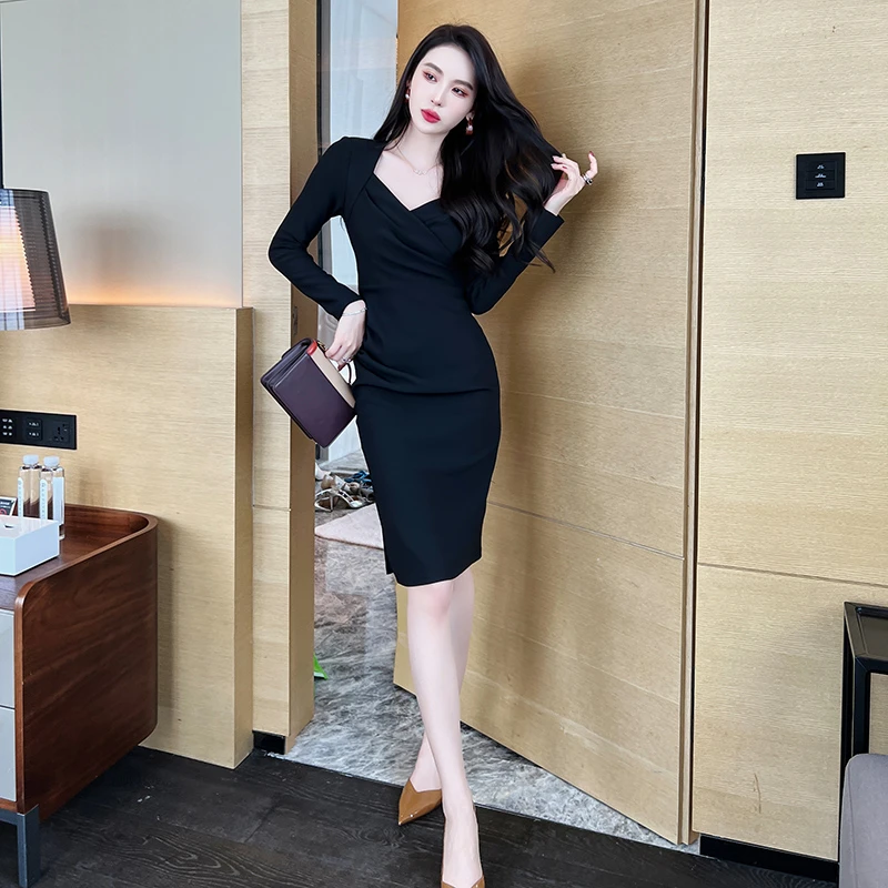 【冯艳定制】秋冬修身气质时尚打底性感中长款洋气连衣裙5578