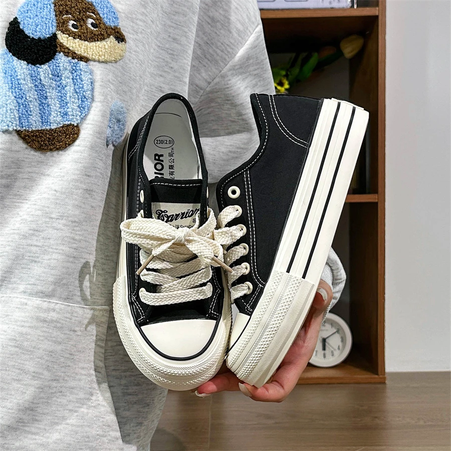 Warrior/回力帆布鞋女鞋新款厚底透气休闲鞋学生百搭增高黑色板鞋