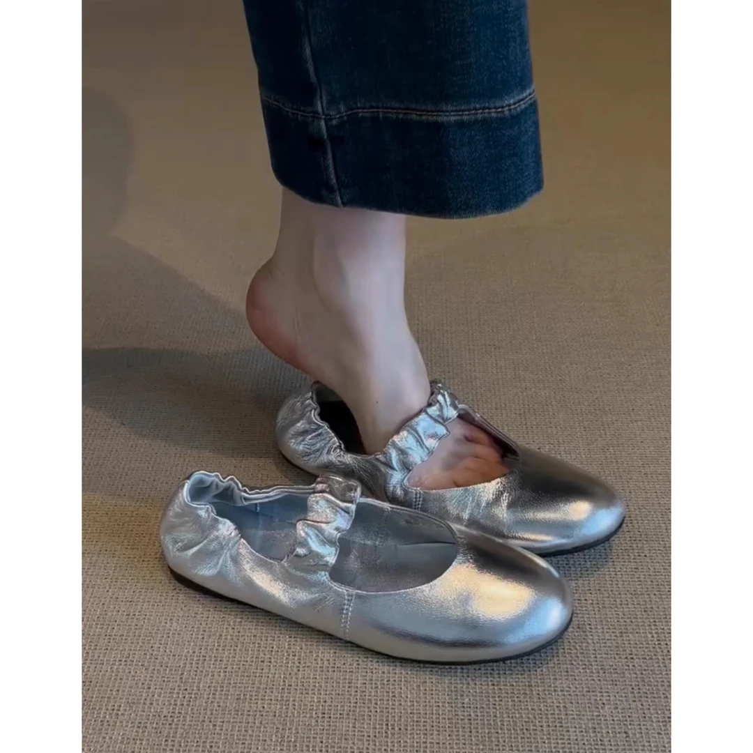 羊皮版~新款法式复古褶皱一字带玛丽珍银色百搭平底芭蕾舞单鞋女