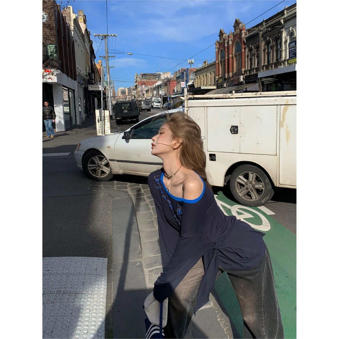 【辣式狙击】夏季新款复古烫钻印花斜肩长袖绑带上衣高腰显瘦阔腿裤