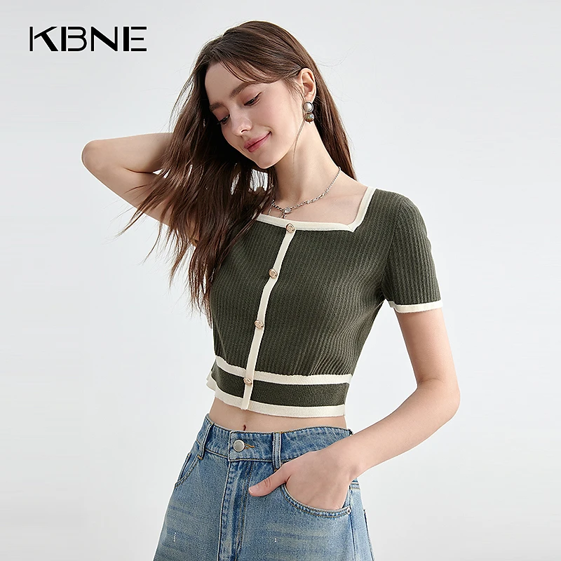 KBNE打底衫女爆款2025新款夏季修身针织衫撞色设计感短款法式毛衫