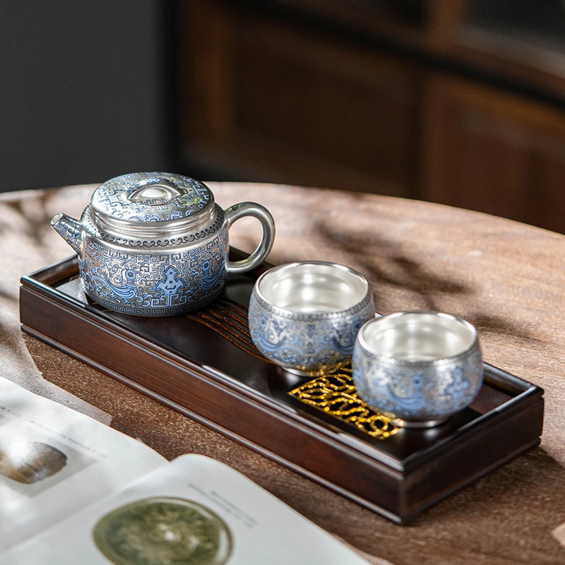 周鸿杰高档银壶鎏银天命玄鸟汉瓦壶一壶两杯礼盒装带茶盘 006