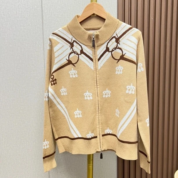 【臻雅】链条花拉链拼色毛针织衫开衫上衣