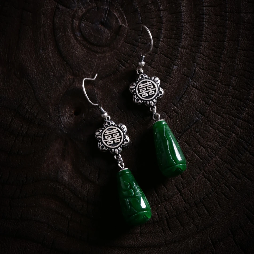 E25755<非晚>S925银石英岩玉雕刻水滴吊坠双喜耳钩复古长款民族风