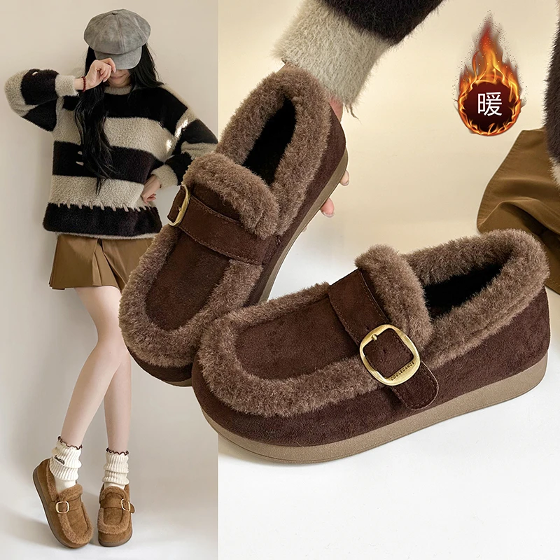 毛毛鞋女厚底圆头百搭加绒加厚2025冬季新款德训鞋休闲平底棉鞋女