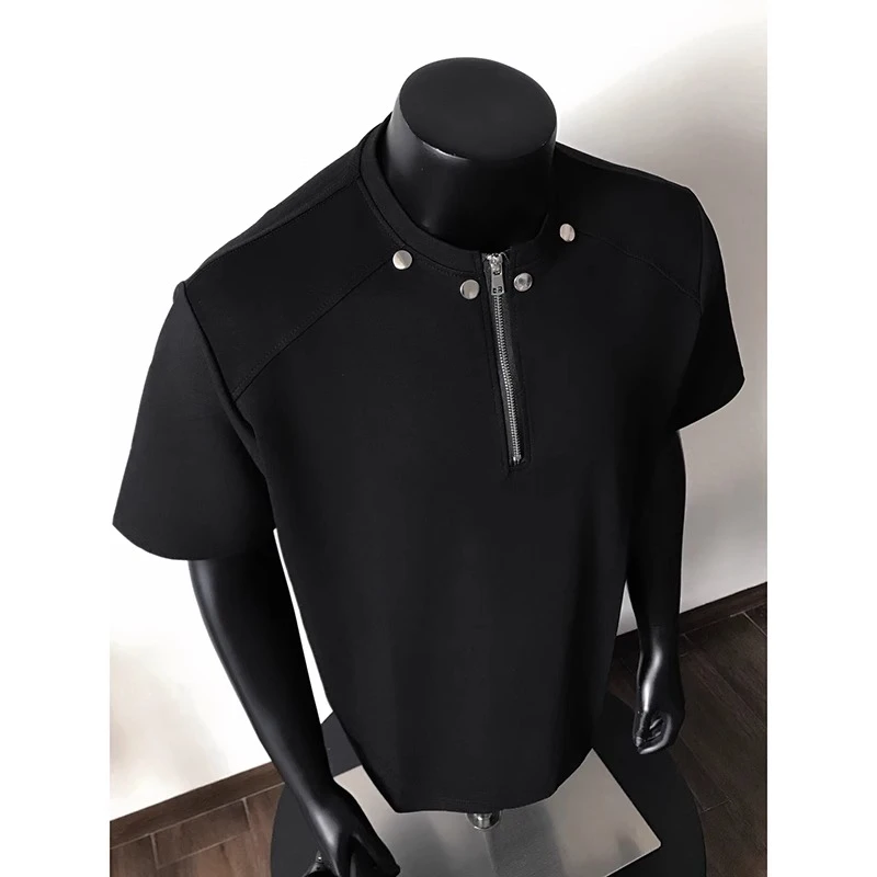 黑色太空棉半拉链短袖男夏季铆钉垫肩t恤美式cleanfit显肩宽半袖
