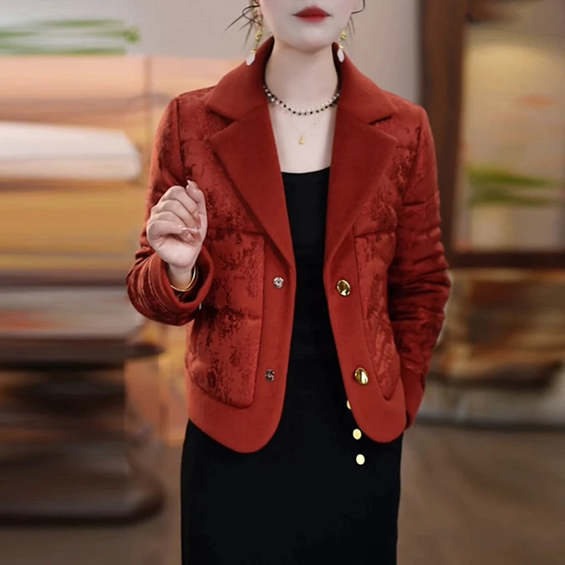 提花缎加厚保暖小棉袄2025秋冬季新款红色棉服时尚短款棉衣外套女