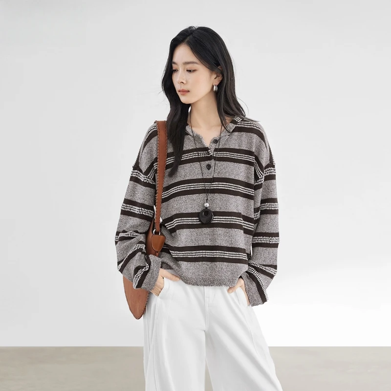 韩系慵懒风撞色条纹连帽针织衫女早秋季新款洋气休闲宽松软糯毛衣