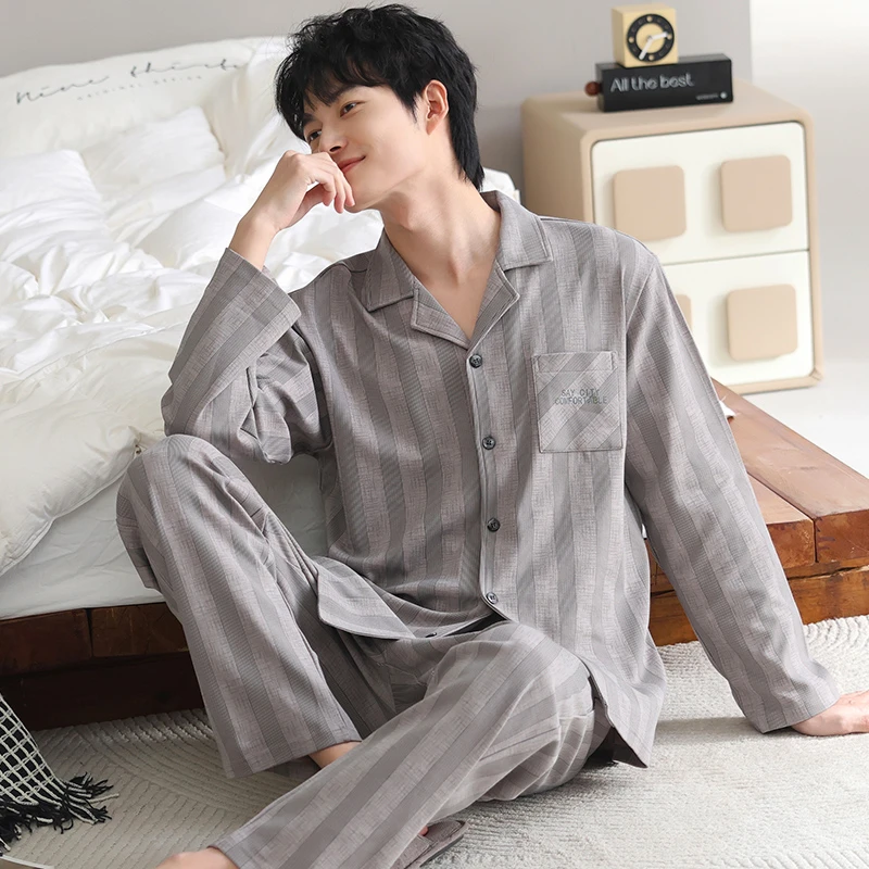 YIHAN-秋冬新款纯棉睡衣男全棉舒适柔软简约高级感男士家居服套装