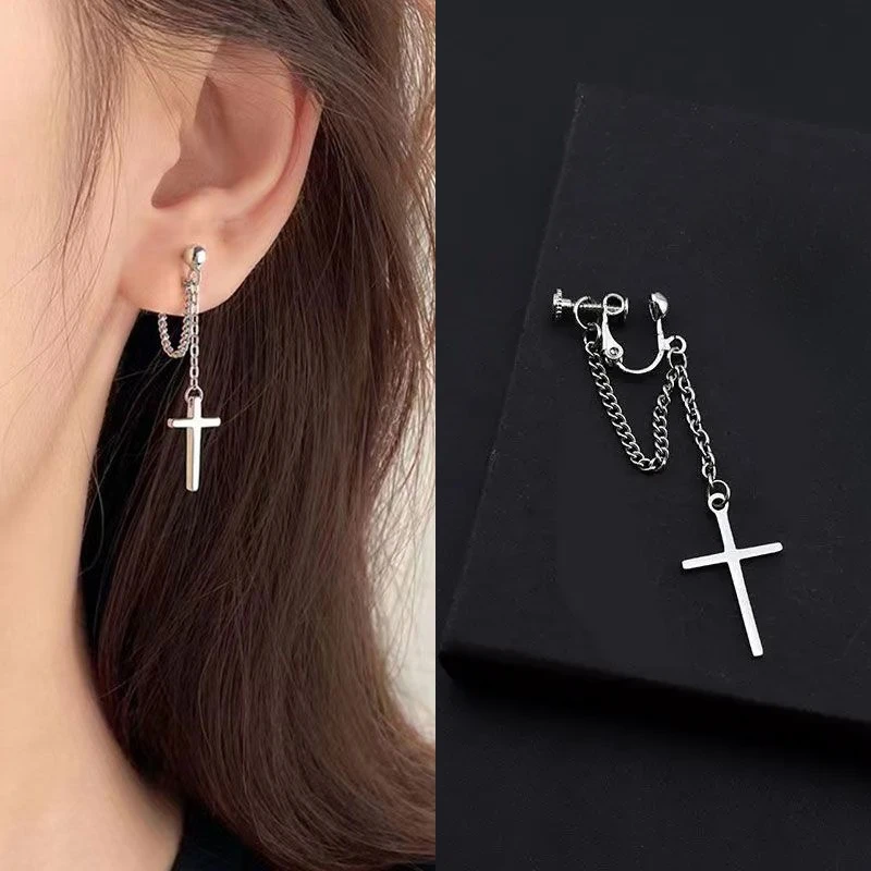 个性十字架耳夹酷帅嘻哈情侣耳环冷淡风高级社会朋克无耳洞耳夹