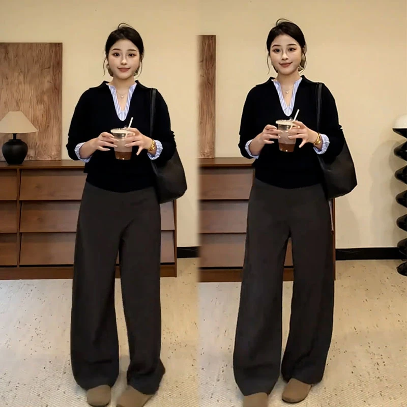 2025秋季新款设计感长袖减龄假两件上衣女搭配休闲阔腿裤两件套装