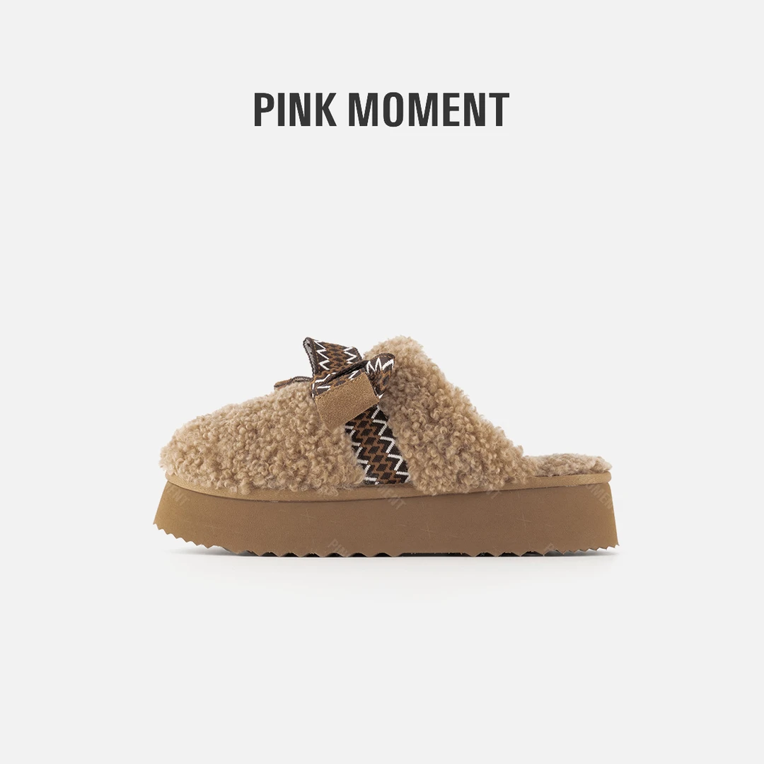 PM王囡囡 棕色安哥拉羊卷毛蝴蝶结厚底半托（跟高：3cm） ND1D2014