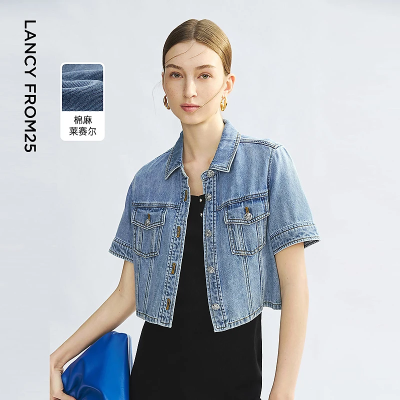 朗姿蓝色短袖翻领牛仔短款外套设计感2025年夏季新款通勤百搭上衣