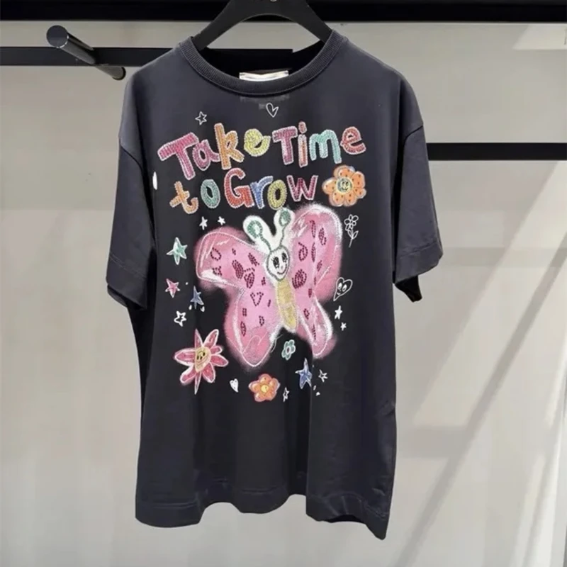 MOMO HARDY 2025春新款设计经典缤纷蝴蝶满钻潮流纯棉短袖女士T恤