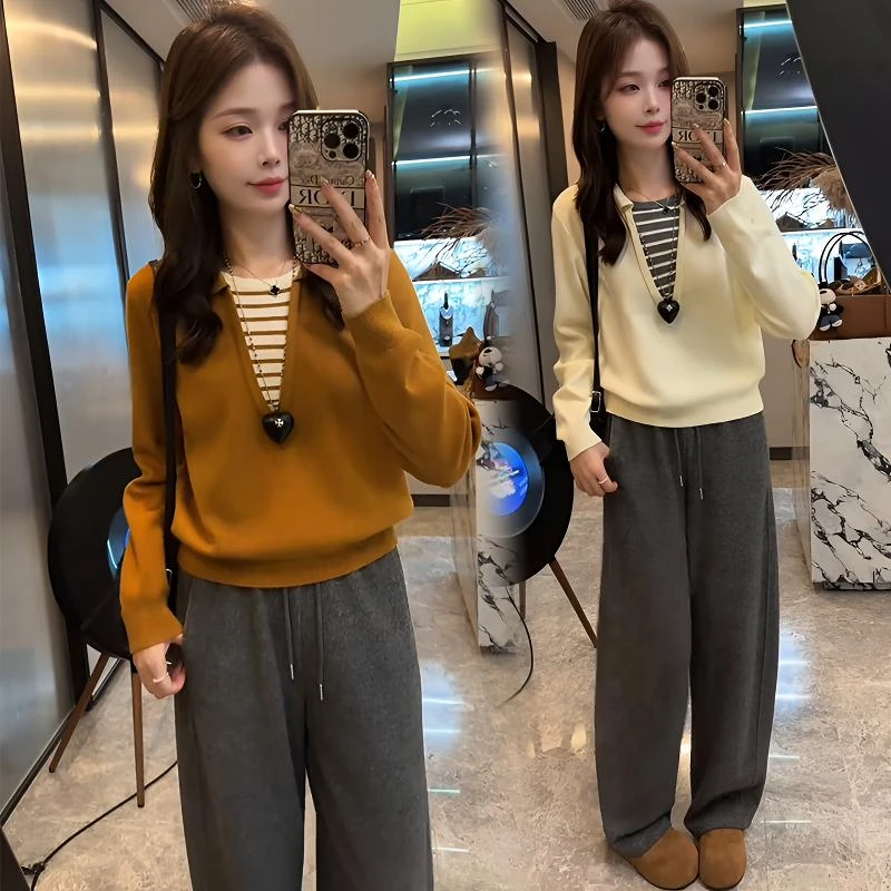 2025秋季新款撞色拼接假两件针织上衣搭高腰阔腿裤日常简约休闲风