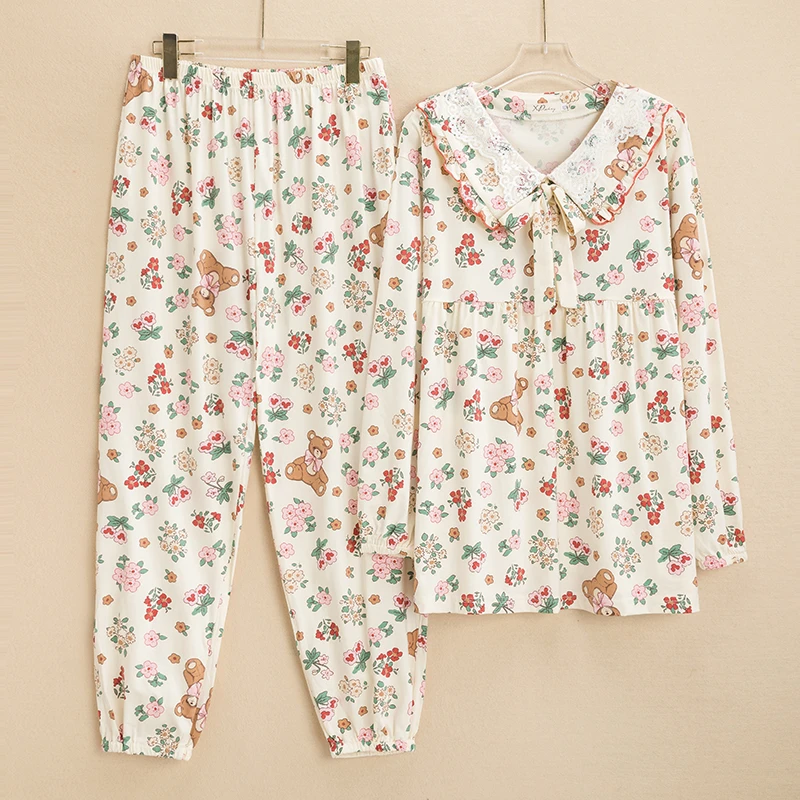 小胖【针织棉】女士大码宽松小熊碎花长袖长裤春秋季睡衣家居服套装